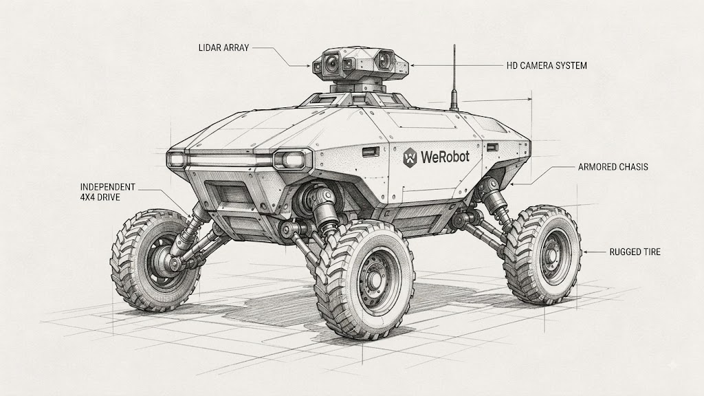 WR-01 concept drawing with labelled subsystems: LiDAR array, HD camera system, armored chassis, rugged tire, independent 4x4 drive